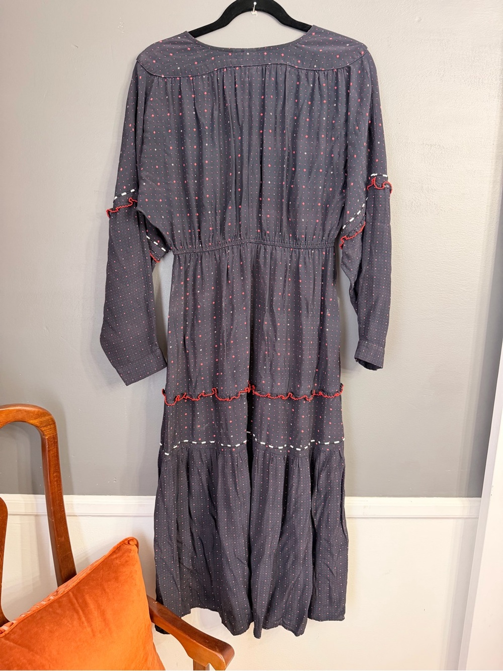 Anthropology Dolan Charcoal Maxi Dress with Red Dot Accents SzS - Picture 2 of 4